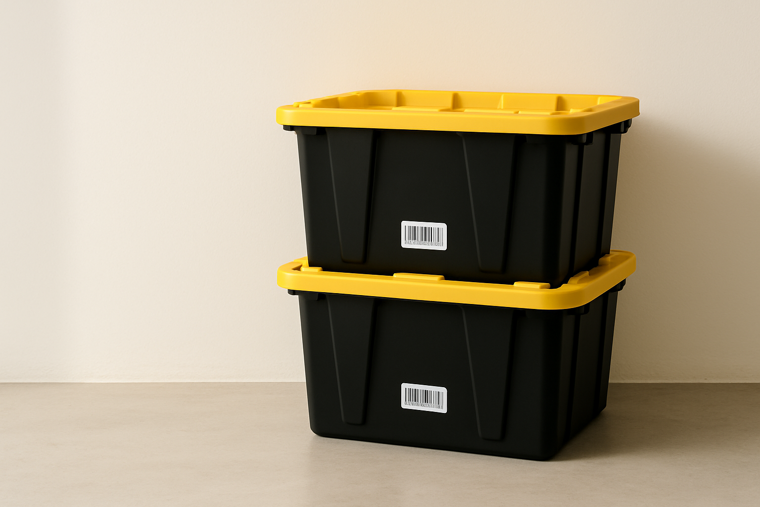A bright, uncluttered home with storage totes ready for pickup